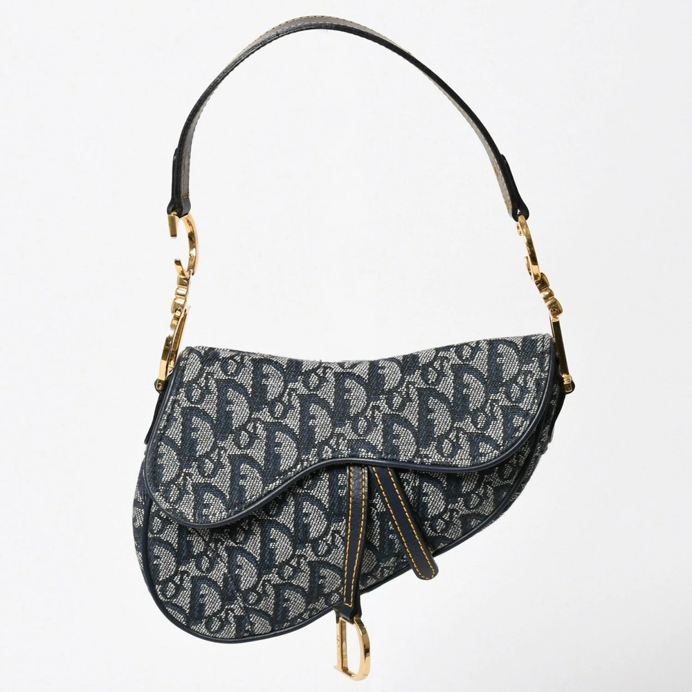 Christian Dior Saddle Bag Trotter Canvas Leather Handbag Navy Blue